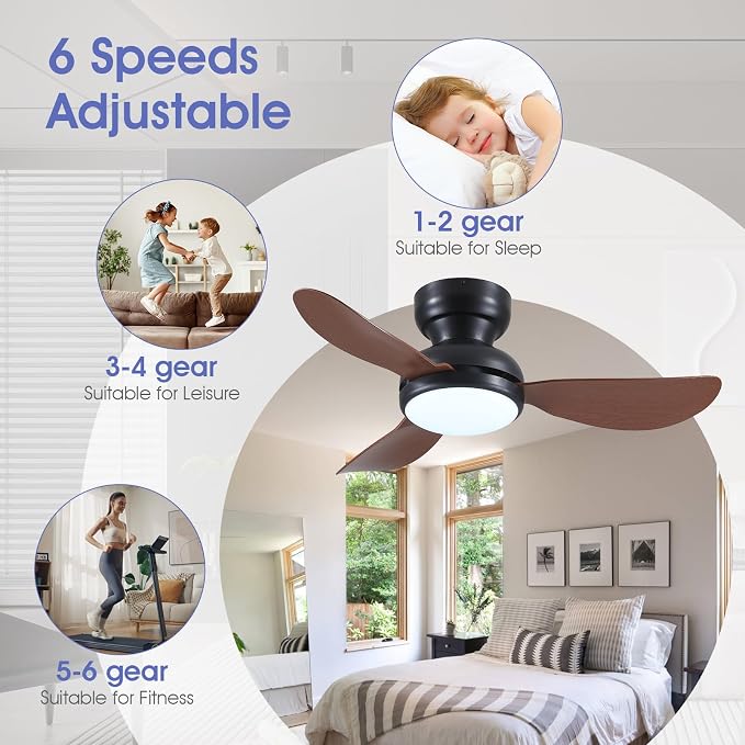 Kviflon 36 Inch Ceiling Fans with Lights, Small Flush Mount Ceiling Fan, Remote/APP Control, 3 Reversible Curved Blades, 6 Speeds, 3 CCT Dimmable Lights for Bedroom Kids Room, Brown