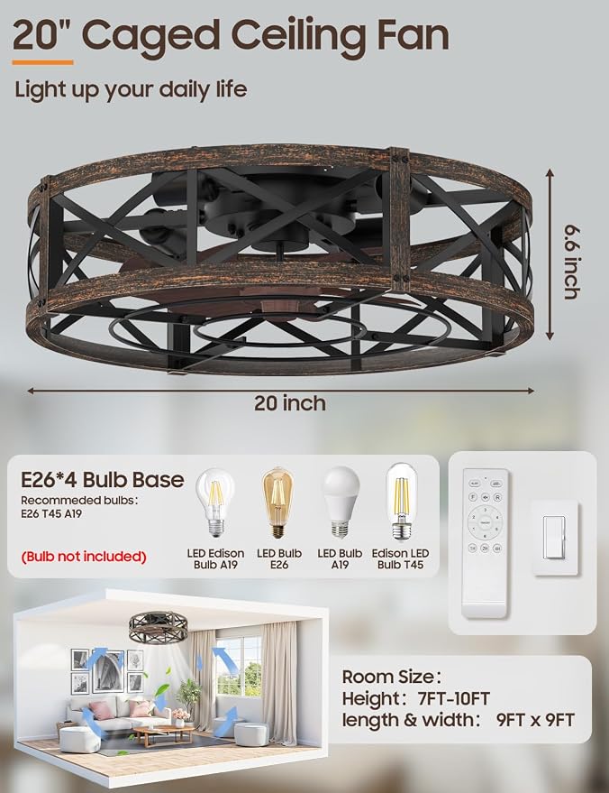 Caged Ceiling Fan with Light and Remote, 20" Low Profile Flush Mount Ceiling Fans with Light, 6 Speed, Timing, Reversible DC Motor, Small Farmhouse Fan Lights for Bedroon Kitchen Living Dining Room