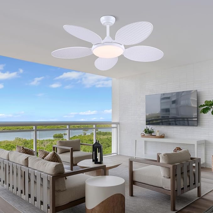 48"White Tropical Style Palm Leaf Ceiling Fans with Lights and Remote & APP | Supports Remote and APP, 6 Wind Speeds, Reversible, Dimmable 3CCT LED, 35W Quiet DC Motor,Suits for Bedroom Kitchen