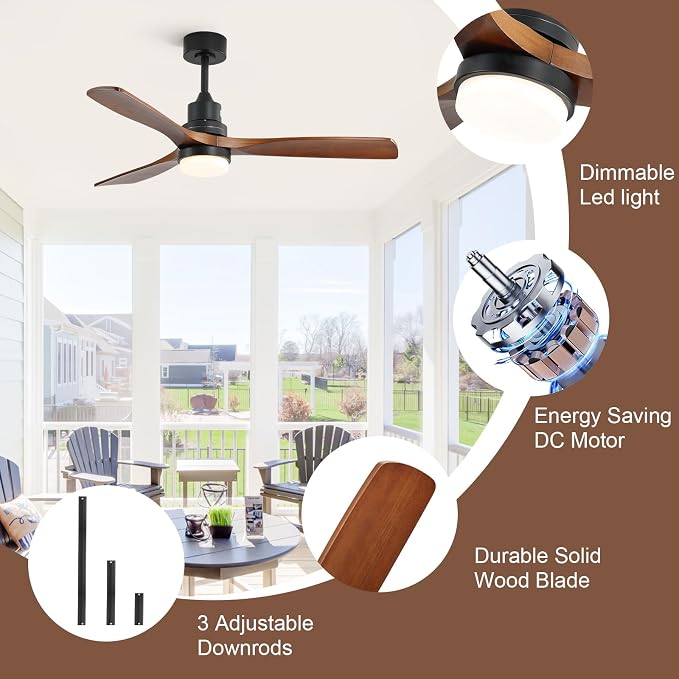Sofucor Smart Ceiling Fan with Light, 52 Inch Solid Wood Ceiling Fans with Lights and Remote,Work with Alexa/Google, Low Profile Indoor/Outdoor Ceiling Fan, Quiet DC Motor, for Bedroom Patio Farmhouse