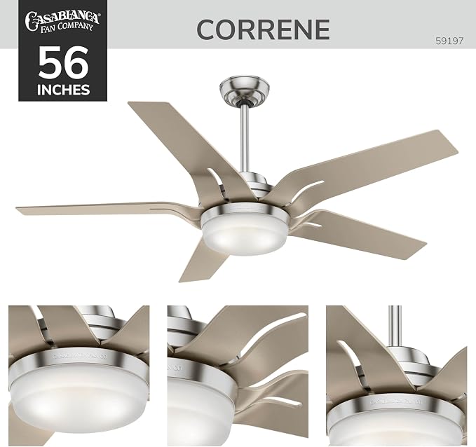 Casablanca 56 inch Indoor Ceiling Fan with LED Light & Remote Control- Standard Mount Ceiling Fan, 5 Painted Metallic Blades, For Bedroom, Living Room, or Kitchen, Quiet- Correne 59197, Brushed Nickel