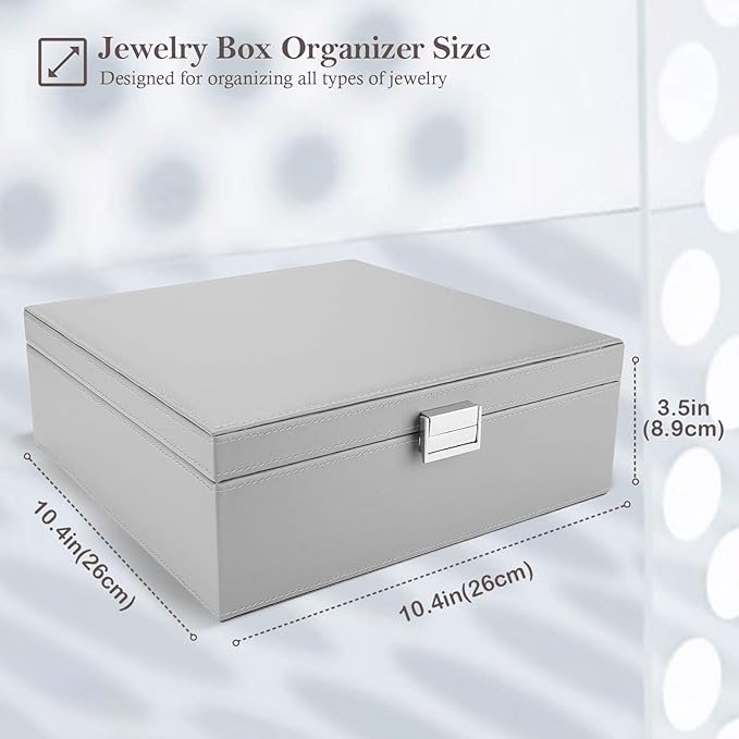 ProCase 2 Layers Jewelry Box for Women -Grey | Large Leather Jewelry Organizer Storage Case with Removable Pad for Earrings