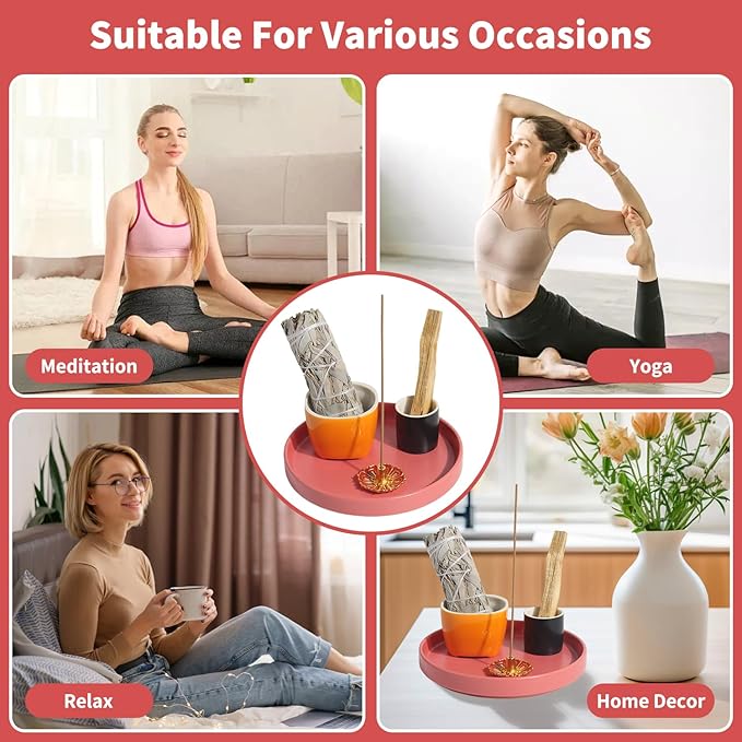 4 in 1 Incense Holder, 5.5" Ceramic Palo Santo Stick Holder, Sage Holder for Burning, Sage Incense Burner for Meditation Yoga Room and Home Decor