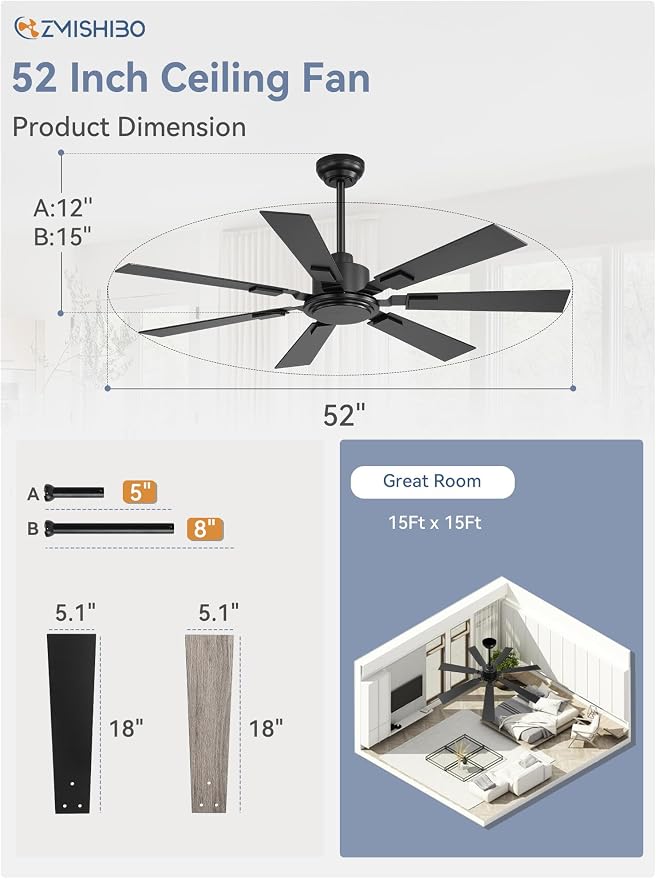 ZMISHIBO 52“ Ceiling Fans No Light with Remote, Black Modern Ceiling Fan Without Light, Quiet Reversible DC Motor, 6 Speeds, 7 Blades Indoor/Outdoor Ceiling Fan for Living Room Bedroom Patio Garage