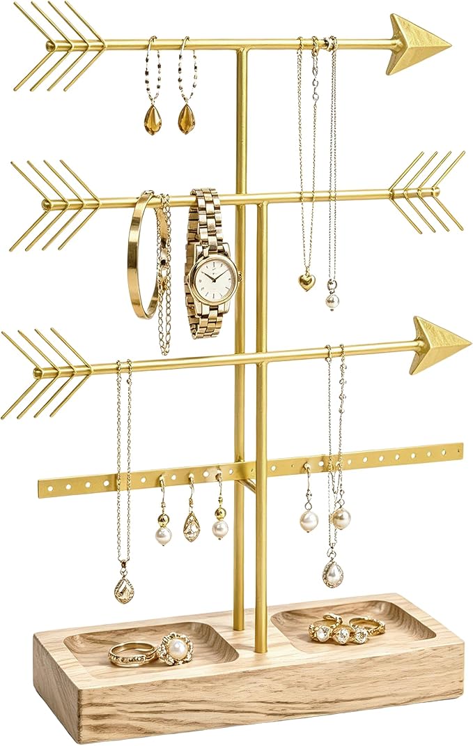 Urban Deco Arrow Jewelry Organizer Stand 4-Tier Gold Jewelry Stand Necklace Organizer With Wooden Ring Holder For Jewelry Display Bracelet Holder Stand Earring Organizer For Girls - Gold