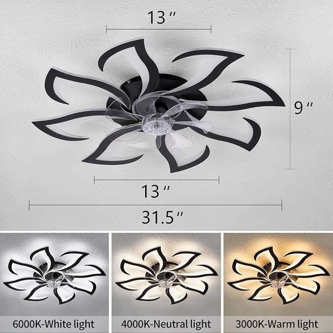 Dalouguan Modern Ceiling Fan with Lights Remote Control, 32" Black 6 Speeds 3 Light Color Low Profile Flush Mount Ceiling Fan for Kitchen Bedroom