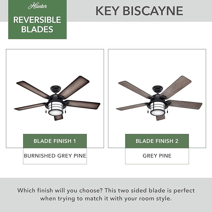 Hunter Key Biscayne, Outdoor or Indoor, Rustic, 54 inch, Weathered Zinc | Ceiling Fan, with LED Light, Standard Mount, Pull Chain, For Bedroom, Living Room, Patio, 59135