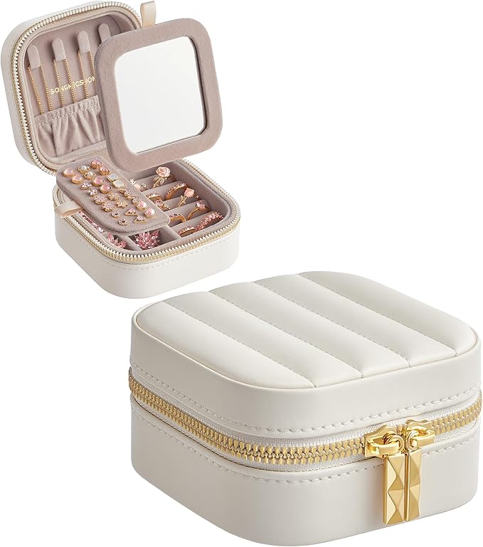SONGMICS HOME Travel Jewelry Case with Mirror, Stitching, Portable | Jewelry box organizer, 4.1 x 4.1 x 2.4 Inches, Gift Idea, Cloud White, UJBC179W01