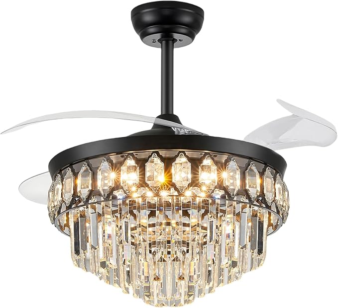 FIDGRA 48 Inch Fandelier Ceiling Fan with Light, Retractable Ceiling Fan with Lights Chandelier Fan for Bedroom, Living Room, 3 Color Temperature, 6 Wind Speed-Black