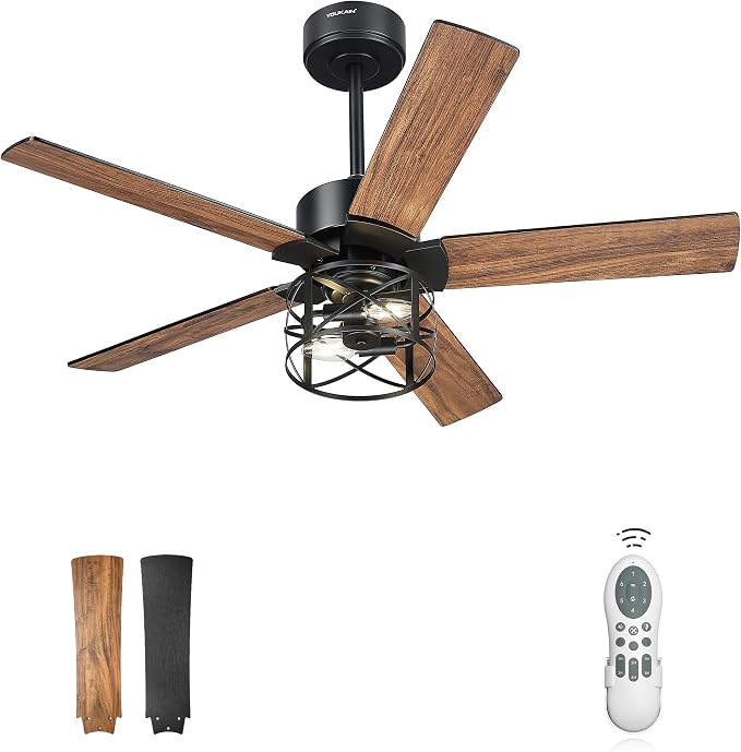 YOUKAIN 42 Inch Ceiling Fan with Lights and Remote, DC Motor 35dB Quiet, Black Farmhouse Ceiling Fan with 5 Reversible Blades for Small Room Bedroom, 42-YJ632-BKW