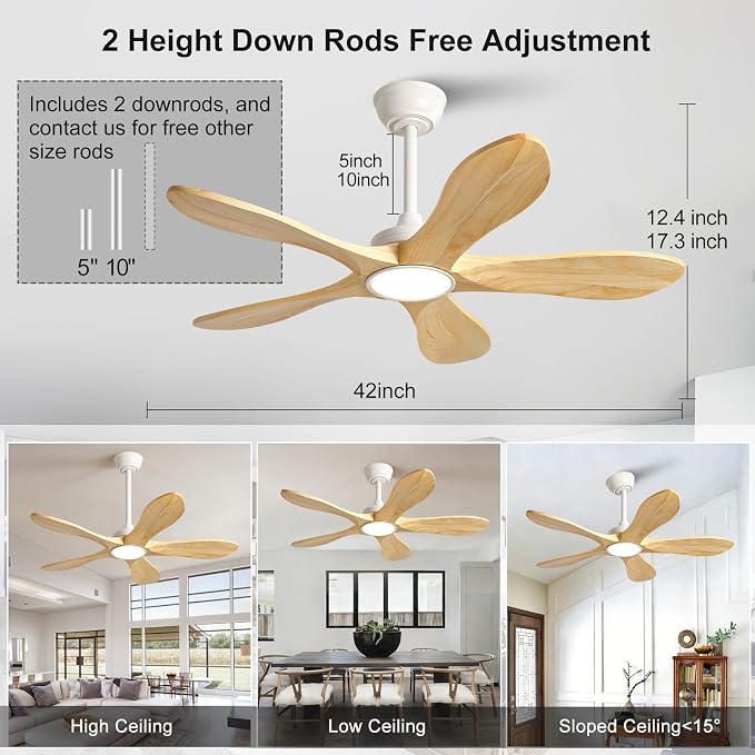 42 Inch White Ceiling Fans with Lights and Remote Control, Wood Ceiling Fan with Light, Modern Indoor Outdoor Ceiling Fan for Patio, Bedroom, Dimmable, 6 Speeds Reversible DC Motor