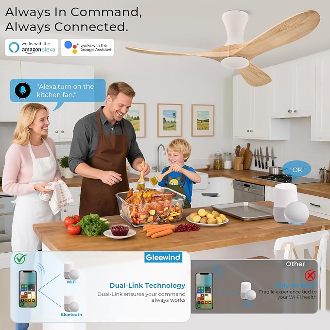 52 inch Smart Flush Mount Ceiling Fans with Lights, Low Profile Ceiling Fan with WIFI Alexa and App Remote Control, Quiet DC Motor, 3 Blades Wood Modern fan for Indoor Outdoor Bedroom Patio, Nature
