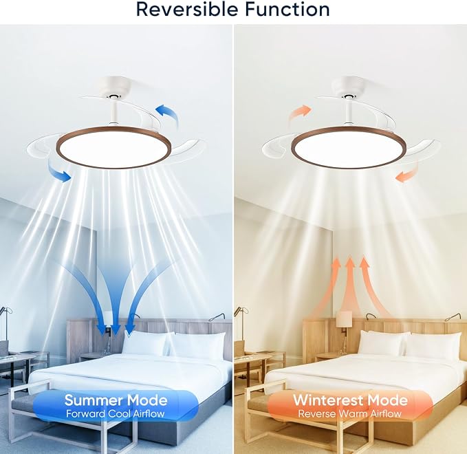 42 Inch Retractable Ceiling Fan with Lights, Fandelier Ceiling Fan for Bedroom Living Room Dinning Room, Chandelier with Fan 6 Speed, 3 Color Temperature, Reversible DC Motor-White