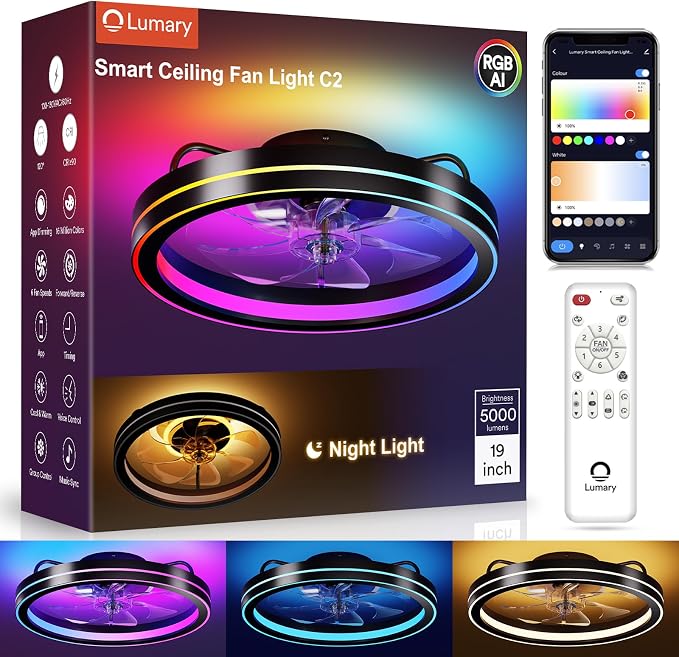 Lumary Smart Ceiling Fan Light with 2200K Nightlight, WiFi & Bluetooth Low Profile Ceiling Fan with Light Remote for Bedroom, RGBAI & 42 Scenes Mode, Flush Mount Easy to Install, 5000 LM, 19in Black