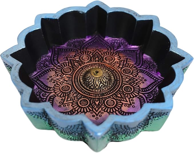 Ebros Gift New Age Colorful Iridescent Chakra Rainbow Buddhist Mandala 8 Spokes Wheel Flower Incense Stick Holder Burner Figurine Yoga Meditation Home Fragrance Accent