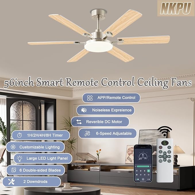 NKPU 56 Inch Ceiling Fans with Lights, Large Modern Nickel Ceiling Fan with Light and Remote Control, 6 Double Sided Blades, 6 Speed DC Motor, Dimmable LED, Silent Timing, Indoor Outdoor Patio Use