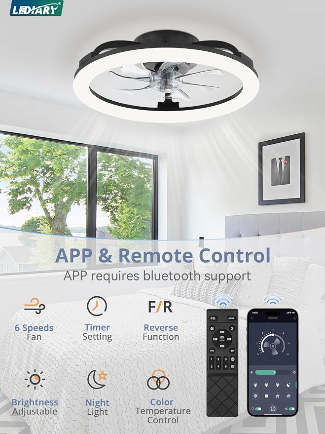 LEDIARY 2 Pack 20 Inch Low Profile Ceiling Fans with Lights and Remote, Dimmable Modern Fan Light(3000K-6000K), 6 Speed, Reversible, APP & Remote Control, Flush Mount Ceiling Fan for Bedroom, Black