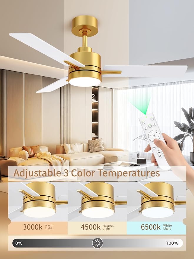 LANMEL 42'' Ceiling Fan with Lights and Remote, Low Profile Modern Ceiling Fan Gold, 6 Speed, Reversible, 3000k-6000k LED, Quiet DC Motor for Indoor Outdoor Bedroom Living Room