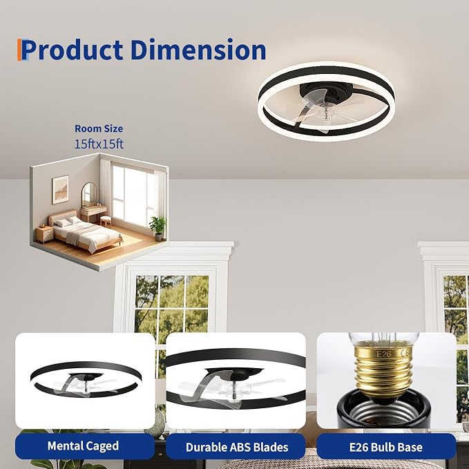 GarveeHome 20 Inch Fandelier Caged Ceiling Fans with Lights and Remote, 10%-100% Dimmable, Rustic Bladeless Ceiling Fan, Small Farmhouse Fan Lights Ceiling Fixtures for Kitchen, Bedroom-Brushed Gold