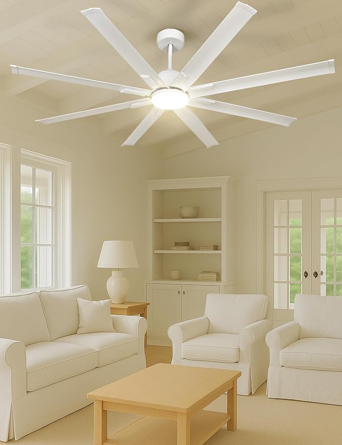 Minislak 72 Inch Ceiling Fan with Light,Industrial Ceiling Fan with 8 White Aluminum Blades,Smart Fan Compatible with Alexa,Garage Outdoor/Indoor Fan for Patio and Living Room