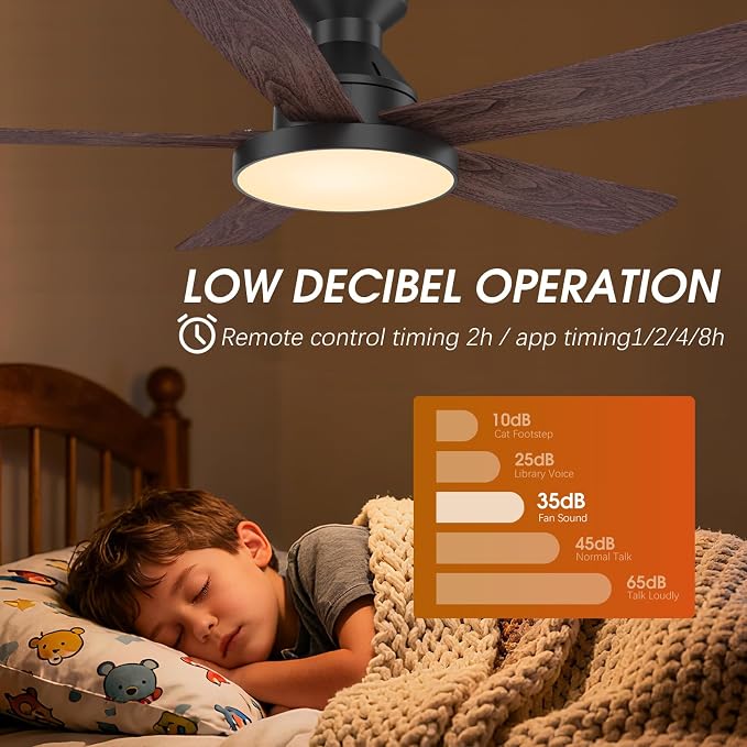 Ceiling Fans with Lights, 46" Low Profile Ceiling Fan with Light, Remote/App Control, Flush Mount Black Ceiling Fan for Bedroom, Indoor/Outdoor (Dark Wood)