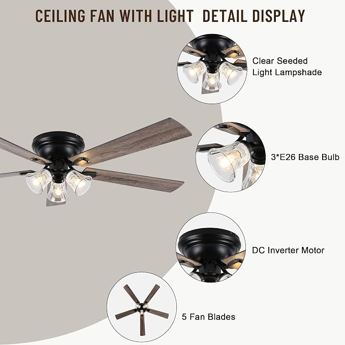 60'' Flush Mount Ceiling Fan with Light and Remote Control | 3 Clear Seeded Glass Light Fixtures,6 Speed Reversible DC Motor,Ceiling Fan with Light forCovered Porch Great Room Villa