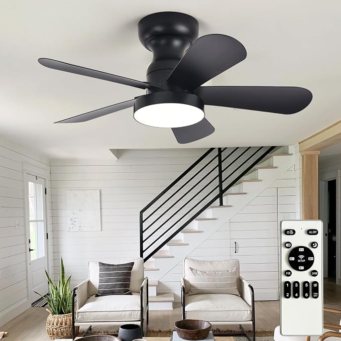 Depuley Black Ceiling Fan with Lights: 28-Inch Flush Mount Fan with Light and Remote - Low Profile Ceiling Fans Reversible Quiet DC Motor for Bedroom Living Room Indoor Outdoor