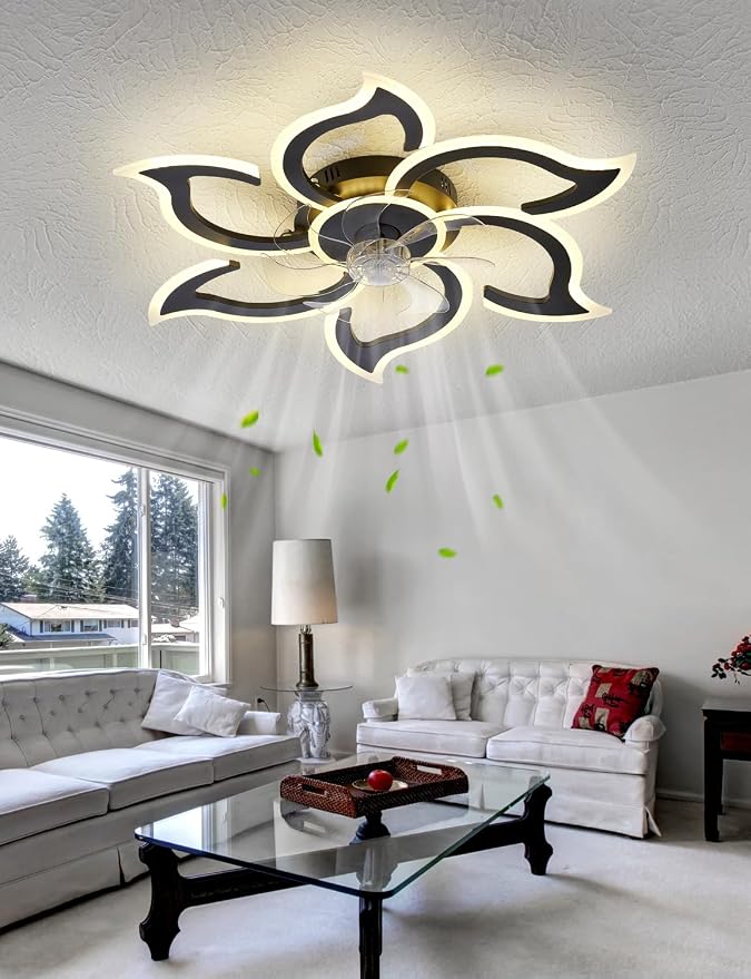 Flower Ceiling Fans with Lights and Remote, 34.5 Inch Modern Low Profile Flush Mount Ceiling Fan, Dimmable LED Ceiling Light Fixture, Small Ceiling Fans for Bedroom, Kitchen, Indoor-Black