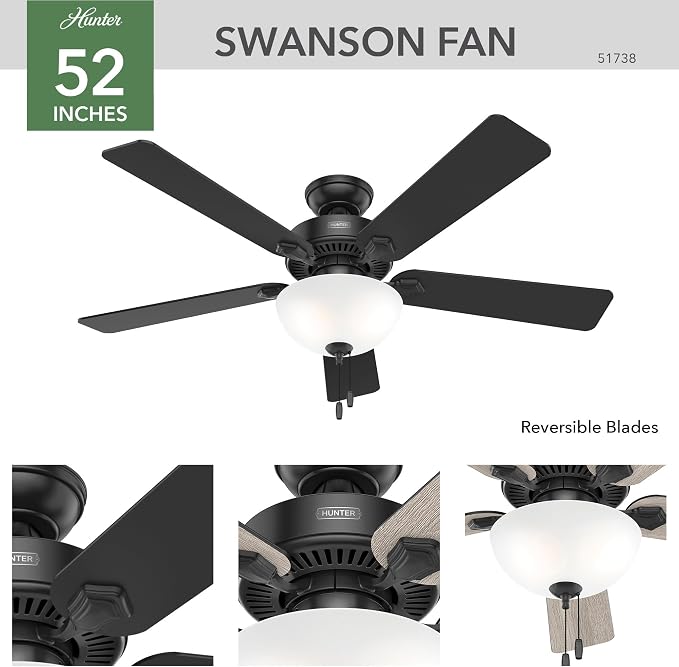 Hunter Swanson, Indoor, Ceiling Fan, with LED Light, 52 inch, Matte Black | Standard Mount, Pull Chain, 5 Blades, For Bedroom, Living Room, Kitchen, 51738