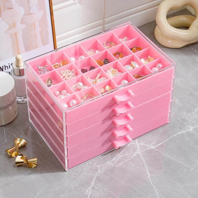 YUFONG Earring Storage Box Organizer, Acrylic Jewelry Storage Box Holder 5 Drawers Transparent Jewelry Display Stand with 120 Small Compartments Gift Boxes for Women Girls (Pink)