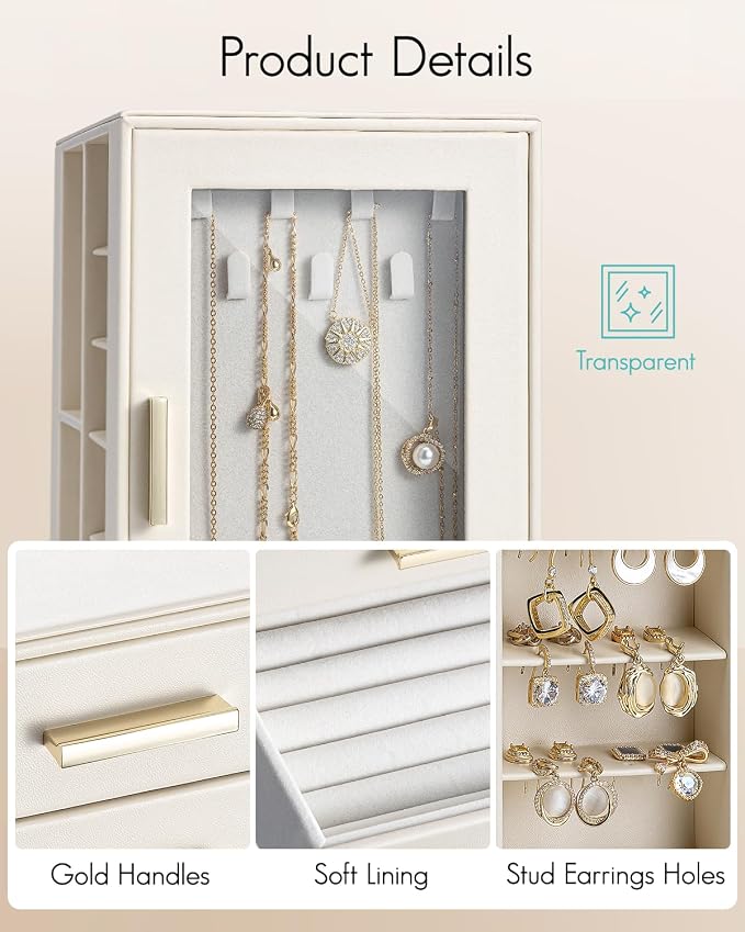 VLANDO 360ｰ Rotating Jewelry Box with 5 Drawers, Large Jewelry Storage with 2 Glass Window, PU Leather Jewelry Organizer for Bracelets, Necklaces, Earrings, Rings - Cloud White