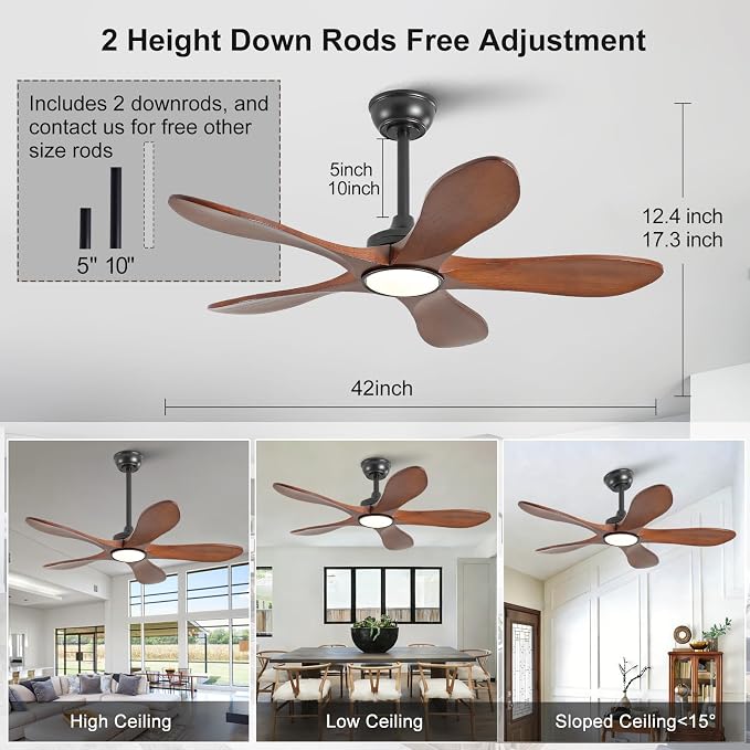 42 Inch Black Ceiling Fans with Lights and Remote Control, Indoor Outdoor Modern Wood Ceiling Fan with Light for Patio Study, Bedroom, 5 Blades, Dimmable, Reversible DC Motor, Memory Function