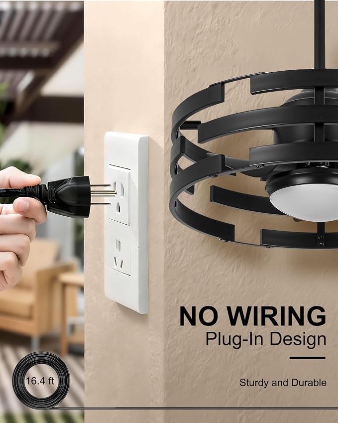 Roomratv 20" Outdoor Ceiling Fan with Light, Black Caged Ceiling Fan with Remote,Modern Enclosed Hanging Fan,IP65 Waterproof Plug in Fan for Gazebos, Patios and Porches