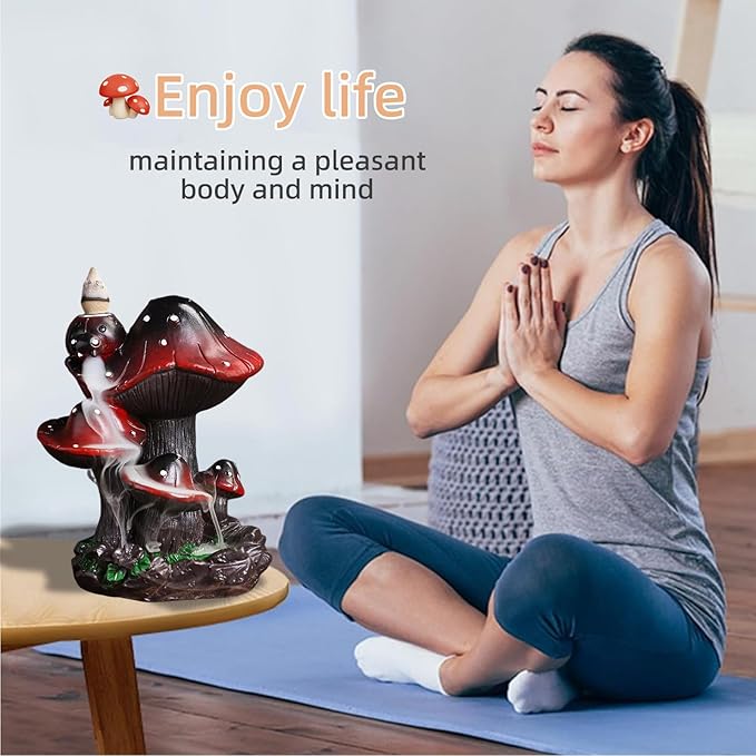 Mushroom Backflow Incense Holder – Ceramic Incense Cone Holder with 60 Backflow Incense Cones | Waterfall Incense Burner & Waterfall Fountain | Unique Smoke Cascade Effect for Relaxation & Meditation