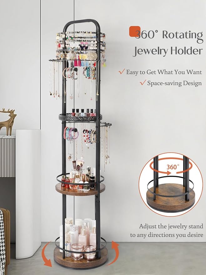 Jewelry Holder Organizer, Floor Jewelry Organizer with Earring Organizer Necklace Holder, Rotating Jewelry Stand Necklace Display Earring Storage, Large Hanging Jewelry Tree for Jewlery Bracelet Ring