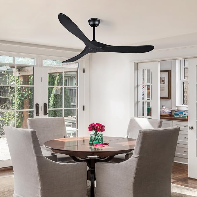 Bigzone 60 Inch solid Wood Ceiling Fan without Light Flush Mount with Remote Control 3 Blades Modern Ceiling Fan No Light for Loving Room/Dining Room/Farmhouse/Indoor, Matte Black