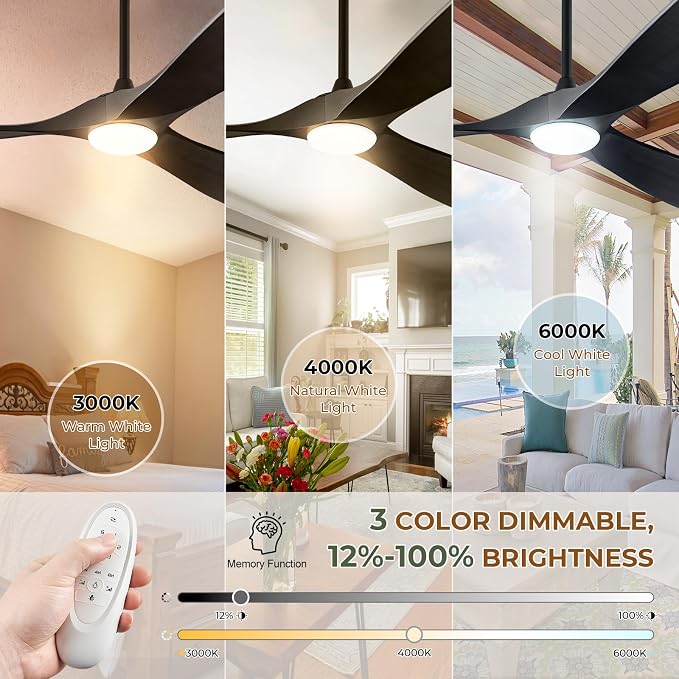 60" Ceiling Fans with Lights and Remote Control, Outdoor Ceiling Fan with Lights High CFM Quiet 3 Blades Propeller Wood Ceiling Fan for Patio,Porch,Farmhouse,Gazebo,Matte Black