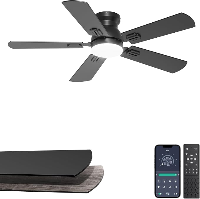 42'' Black Flush Mount Ceiling Fan with Lights for Kids Room | App/Remote Control, Low Profile, Space-Saving, Quiet DC Motor, 3CCT Dimmable, 6 Speeds Modern Overhead Fan for Low Ceilings