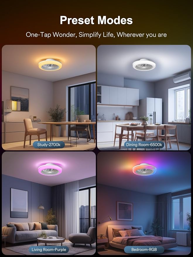 18 Inch Smart Bladeless Ceiling Fan with Lights (17inch) | Low Profile Flush Mount Fandelier, RGBWW Dimmable LED Ceiling Fan, Remote & Bluetooth App Control, 6 Speeds