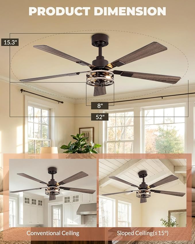 52 Inch Ceiling Fans with Lights, Remote Control Farmhouse Caged Flush Mount Ceiling Fans 2 Pack, 6-Speed Quiet and Reversible DC Motor Ceiling Light Fixtures for Bedroom, Living Room, Walnut