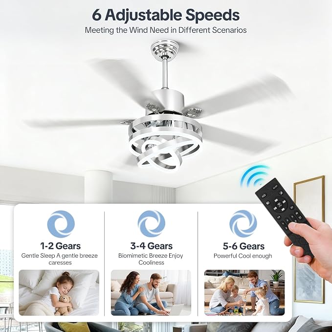 52" Ceilling Fan with Light Chandelier Fan Modern DC Motor Dimmable Led Fandelier Ceiling Fan with Light for Bedroom, Living Room Silver