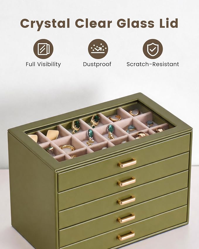 Lolalet Earring Organizer, Jewelry Box with Clear Lid -Sage, 5 Layer | PU Leather, Velvet, Removable Dividers, Dustproof, Easy Clean, For Studs Rings, Gift for Women Girls, Home Aesthetic Decor
