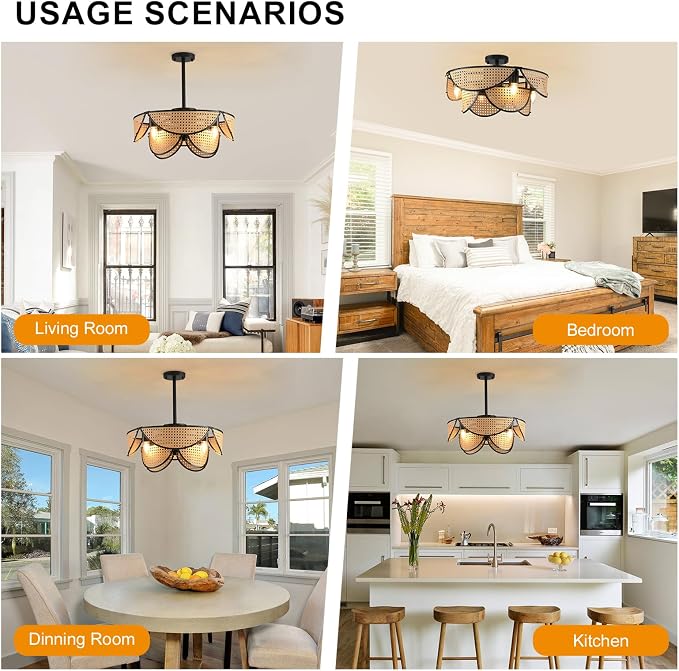 Ganeed 20" Boho Caged Ceiling Fan with Light and Remote, Layered Rattan Enclosed Flush Mount Boho Ceiling Fans Lights, Low Profile 6 Speed Reversible Fandelier for Bedroom Kitchen Living Room Nursery
