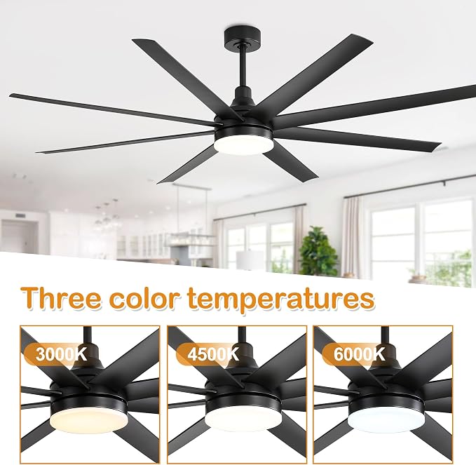 72" Black Ceiling Fans with Lights and Remote, 8 ABS Blades, 6-Speed Reversible DC Motor, 2 Downrods, 3 Color Led Light, Large Industrial Indoor Ceiling Fan Fandeliers for Bedroom Living Dining Room
