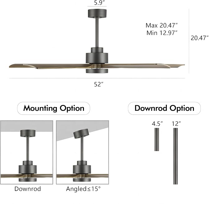 ELEHINSER 52" Modern Ceiling Fan with Light and Remote Control, 5 Solid Wood Blades 6-Speed Noiseless Reversible DC Motor, Ceiling Fan for Kitchen Dinning Living Room, Charcoal Finish with Wood Blades