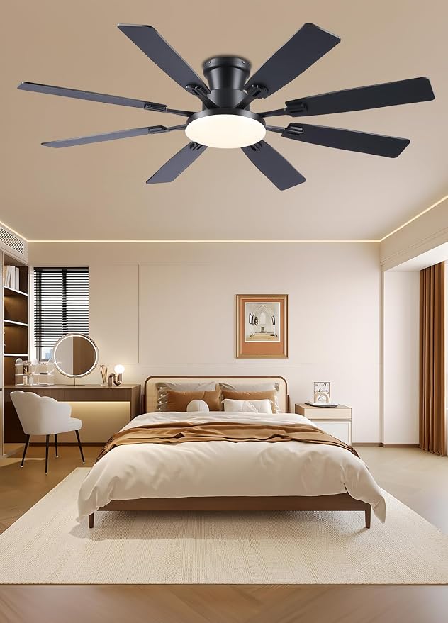 JSAITEE 60Inch Ceiling Fan with Lights, Large Low Profile Flush Mount,Black | Ceiling Fans,DC Reversible Motor Noiseless, 3CCT Dimmable, Dual Finish, 6 Speeds Ceiling Fan for Indoor/Outdoor