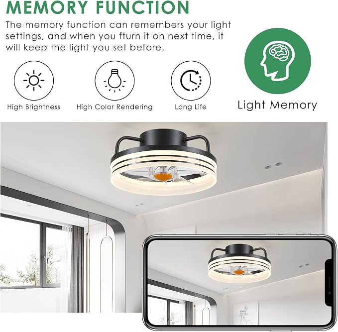 Mpayel Ceiling Fans with Lights and Remote - Flush Mount Low Profile Ceiling Fans - 13” Bladeless Enclosed Ceiling Fans with Led Light and Stepless Dimming, Small Modern Ceiling Fan for Bedroom