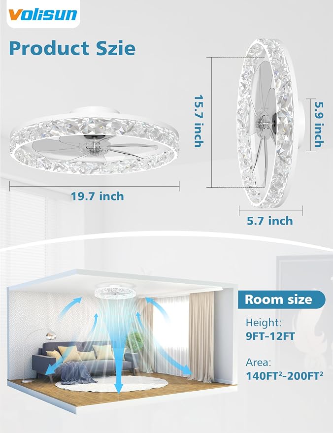 VOLISUN Low Profile Ceiling Fan with Lights and Remote, No Assembly, 20in Modern Ceiling Fans Flush Mount, 3000K-6500K Dimmable Bladeless LED Fan Light, White Fandelier Ceiling Fans for Bedroom