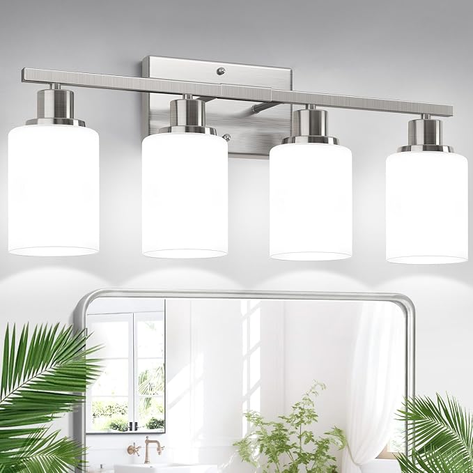 Indoi 4-Light Bathroom Light Fixtures, Brushed Nickel Modern Vanity Lights with Milky White Shades, Bathroom Wall Lamp for Mirror Living Room Cabinet Bedroom Porch