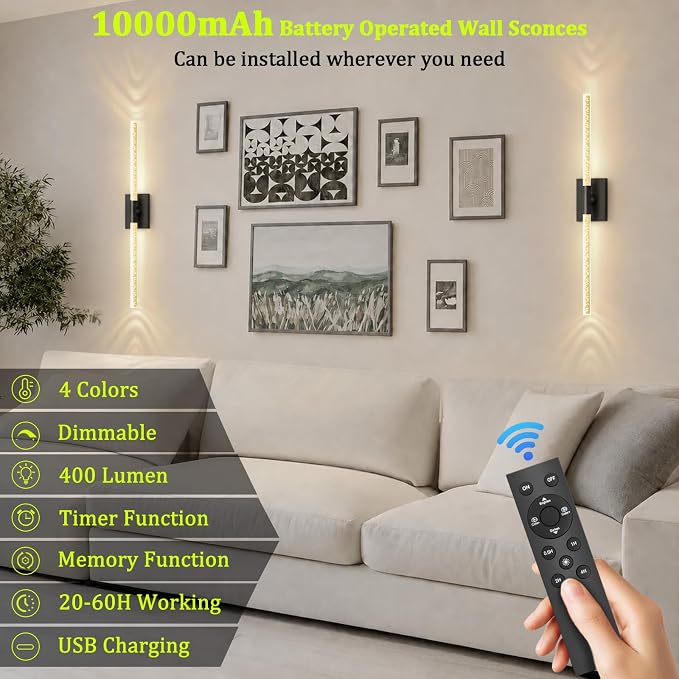 iThird Crystal Bubble Wall Sconces Set of 2: 10000mAh Rechargeable Wireless Lights with Remote & 360° Rotate, 4 Color Temps Dimmable, 31.5" Wall Lamp for Bedroom Living Room Mirror, Black
